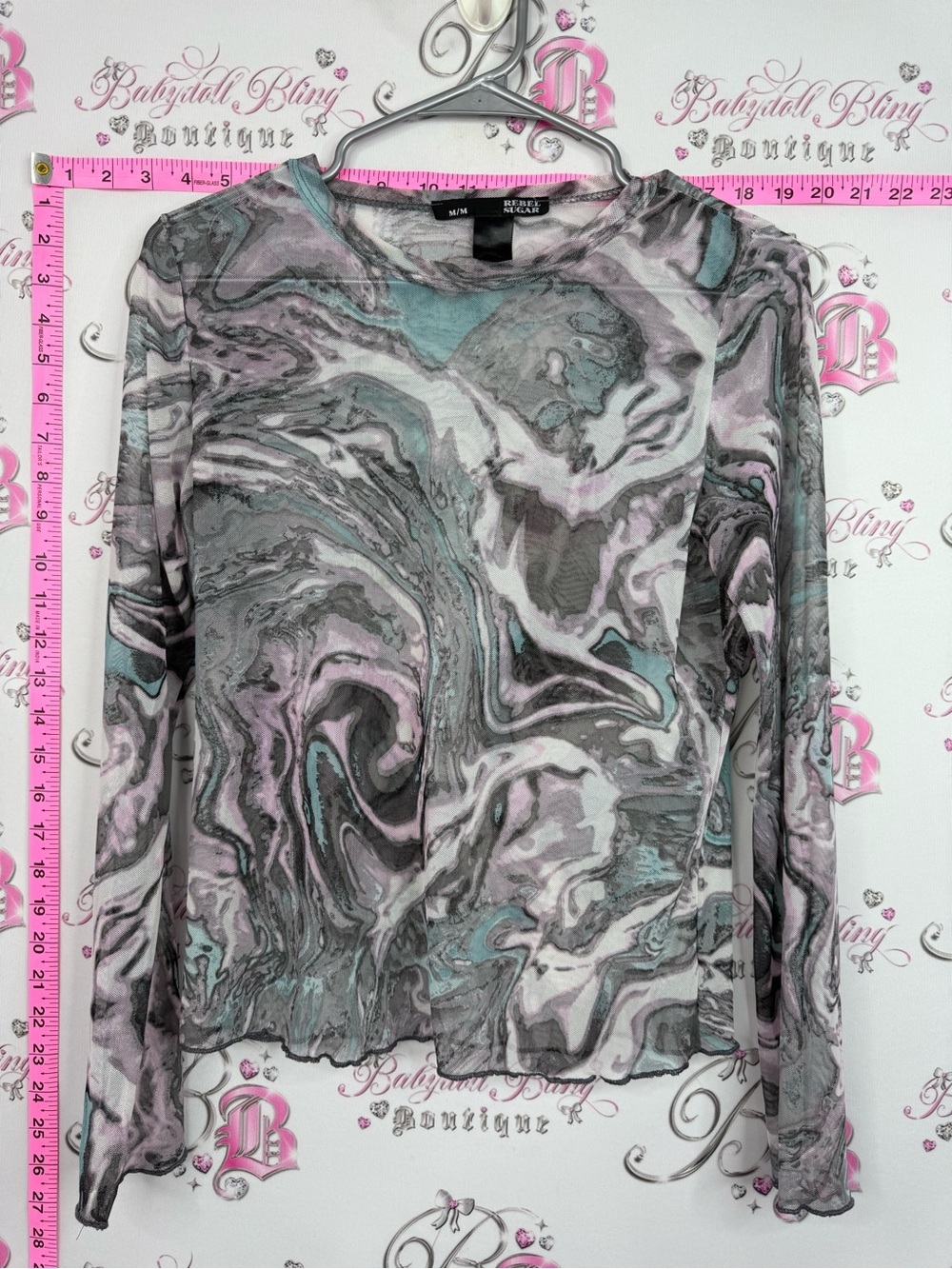 Rebel Sugar Marble-Print Long Sleeve Top - Pastel Pink & Teal